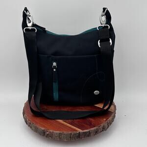 Haiku Ascend Hobo Bucket Bag Black Teal Floral EUC Sustainable Minimalist